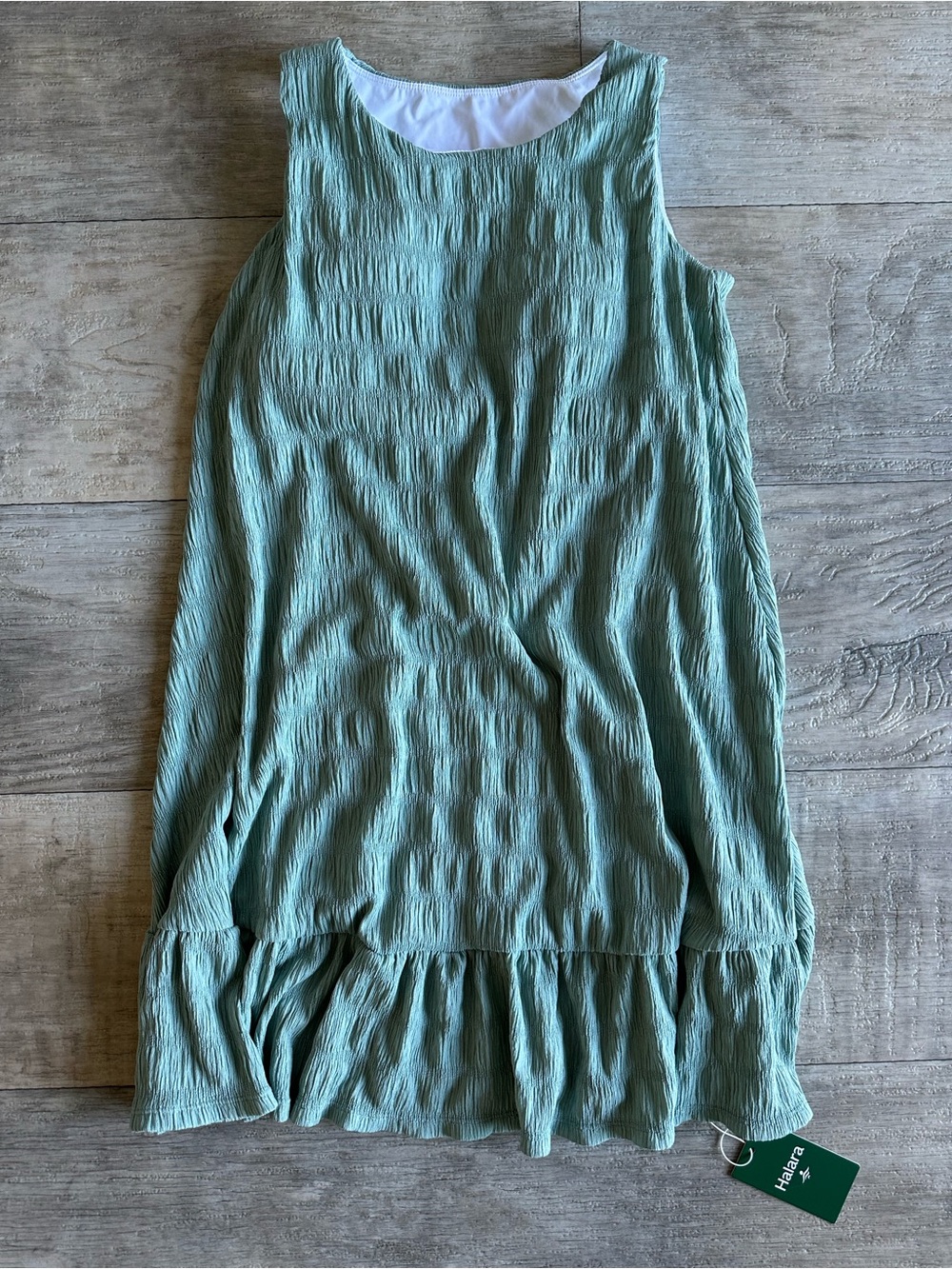 NWT Halara Sage Green Crinkle Ruffle Hem Dress Sz M Boho Flowy Vacation